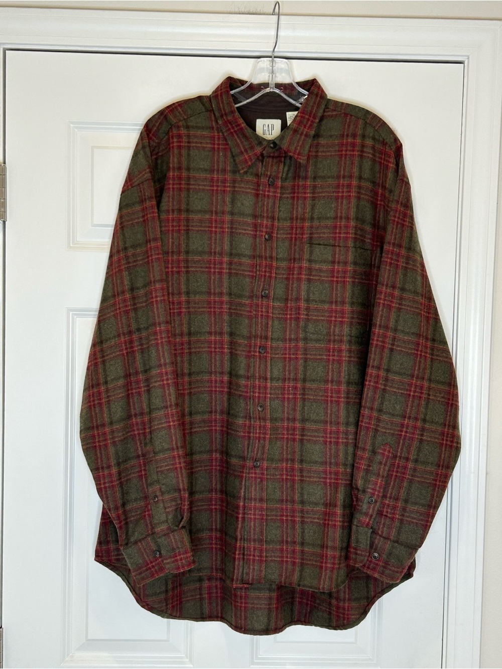 90's Vintage GAP Wool Blend Olive Green and Red Plaid Button-Down Shirt Size XL